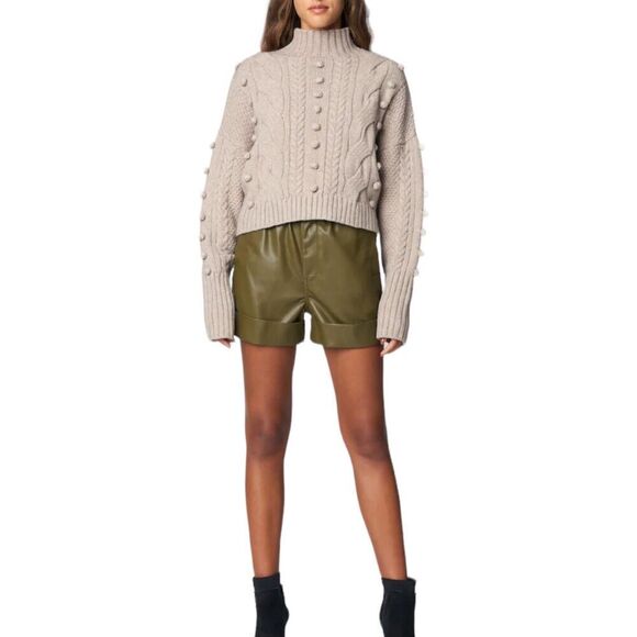 Blank NYC Sweater WMNS XS Beige Crop Cable Knit Mock Neck Pom Pom Holiday 3D - Picture 13 of 13